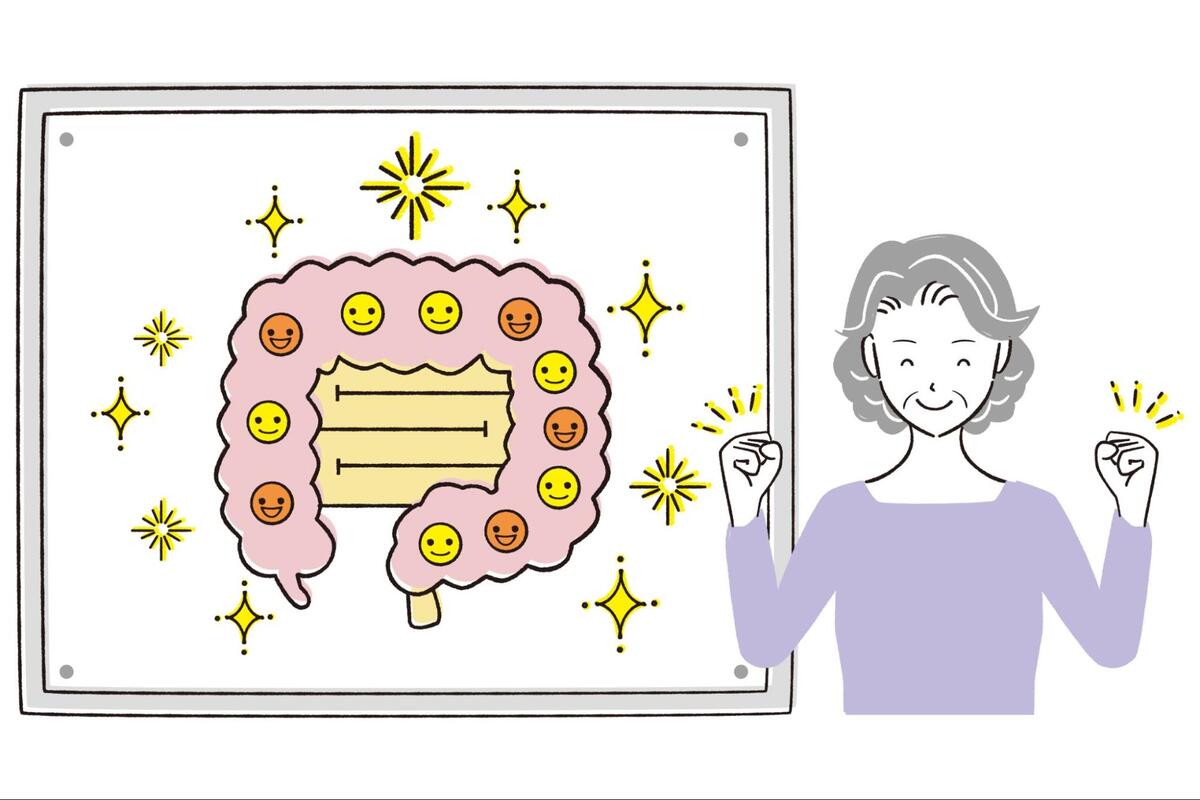 笑顔のキャラクターが描かれた大腸のイラストと腸内環境が整って喜ぶ女性